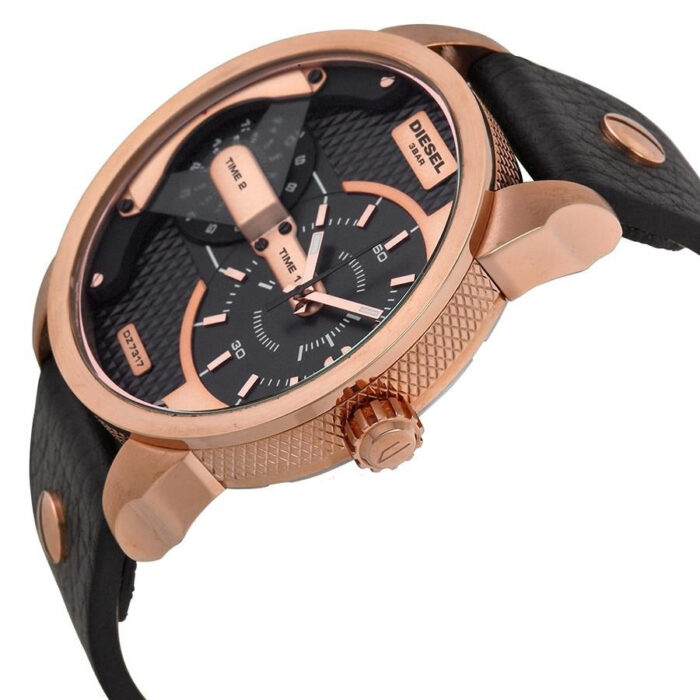 Diesel Mini Daddy DZ7317 316L rose-gold stainless steel & genuine leather strap 3ATM (30m) water resistant Dual time zones (GMT)