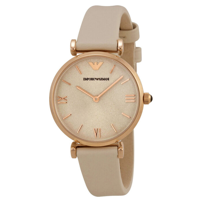 Emporio Armani Light Brown Dial White Leather Ladies Watch 1769 - BigDaddy Watches