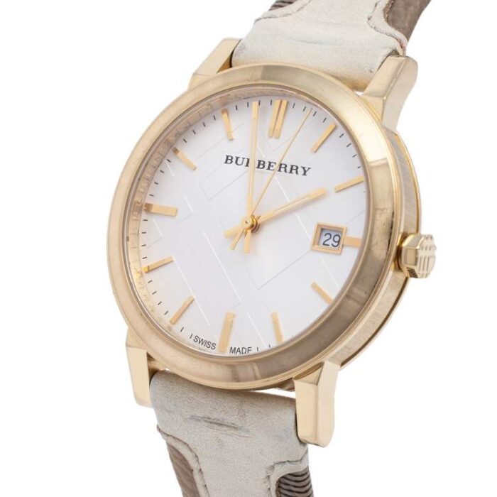 Burberry BU9015 Women's Swiss Heymarket Check Fabric and White Leather Band White Dial Women's Watch BU9015 - Big Daddy Watches #3