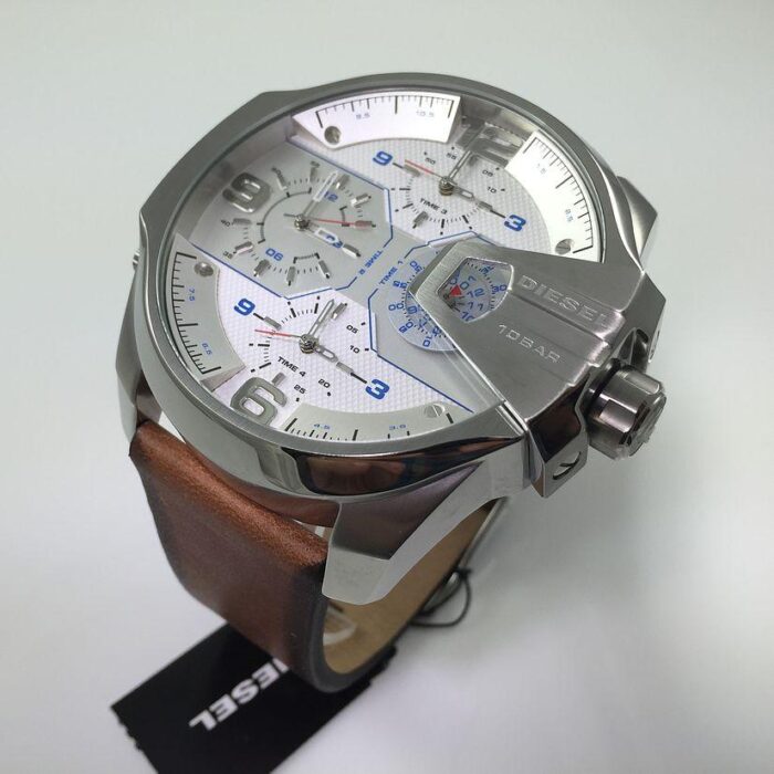 Diesel Big Daddy DZ7374 316L silver stainless steel & genuine leather strap 10ATM (100m) water resistant 4 Time zones (GMT)